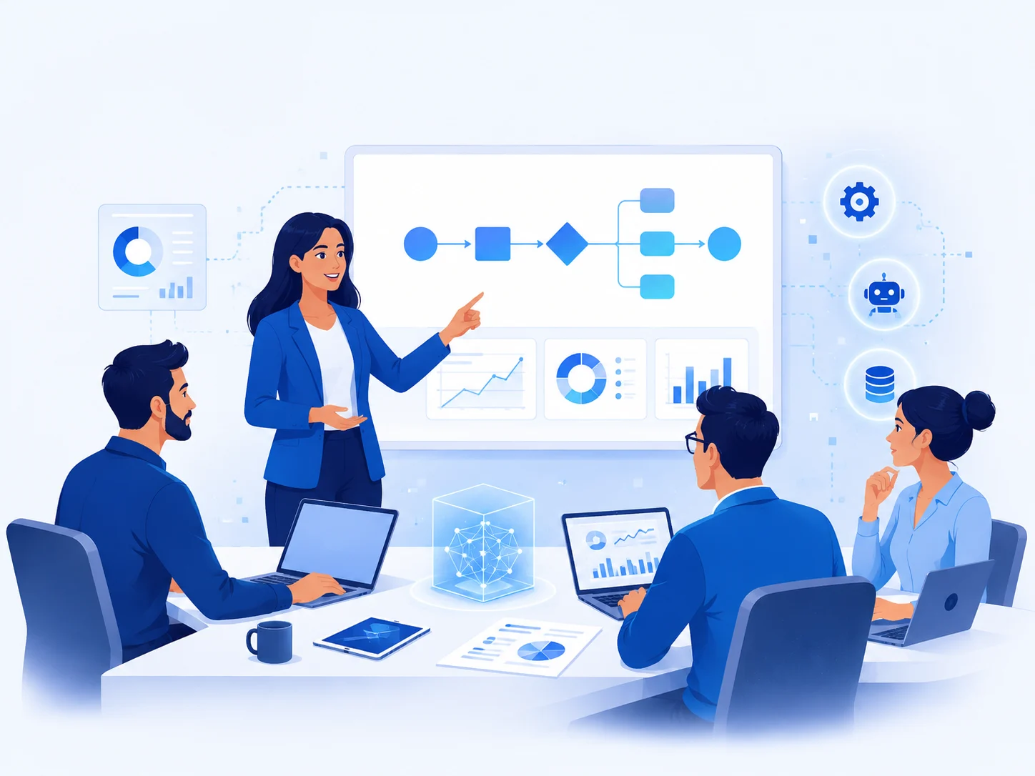 Equipo revisando un flujo de automatización, datos e inteligencia artificial